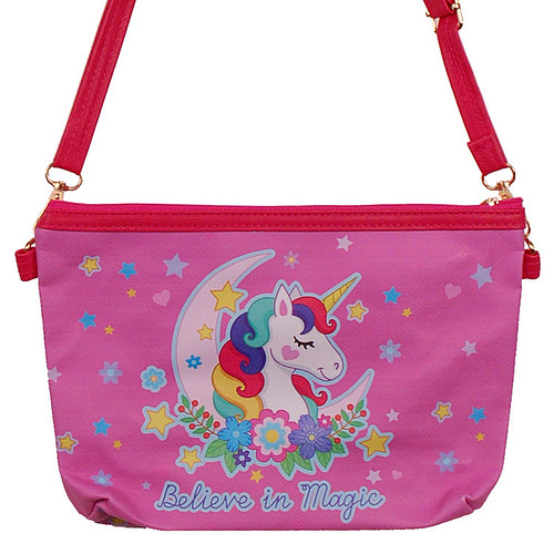 Schoudertasje Eenhoorn "Believe in Magic" - Roze met Maan Hartjes en Sterren- 25x17cm
