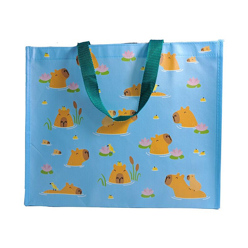 Boodschappentas/Shopper - Capybara Zwemmen Bloemen - Duurzaam - Lichtblauw&Bruin - 33x39x17cm
