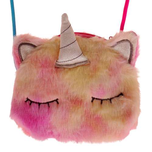 Schoudertasje Pluche Eenhoorn / Unicorn - Roze & Geel - Rainbow - 15x12cm
