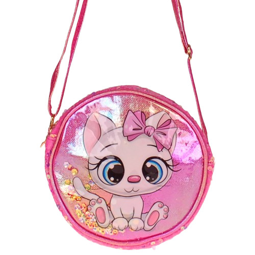 Schoudertasje Rond - Wit Poesje Roze Strik - Donkerroze - Glitters & Pluche & Pailletten - 17cm