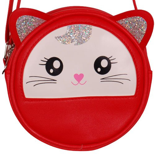 Rond schoudertasje poes met glitters- rood - 16x16x6cm