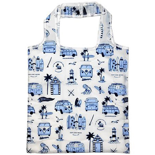 Opvouwbare Boodschappentas VW T1 Bus Volkswagen Exlore More Beach Life - Blauw - Originele Licentie - 37x37x0,1cm(Tas)/10x9x2cm(Zak)