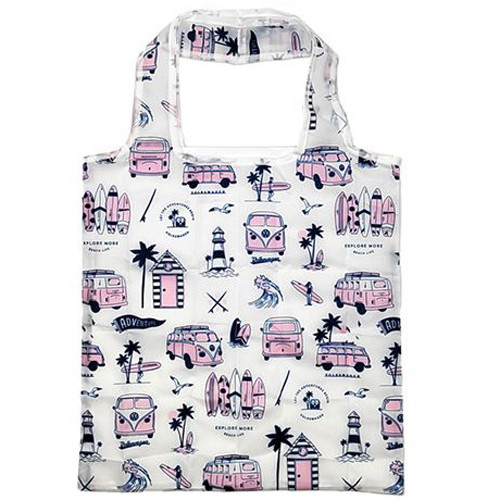 Opvouwbare Boodschappentas VW T1 Bus Volkswagen Exlore More Beach Life - Roze - Originele Licentie - 37x37x0,1cm(Tas)/10x9x2cm(Zak)