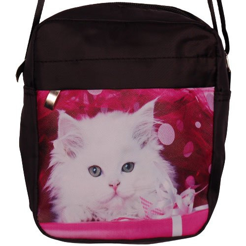 schoudertasje zwart met witte poes op roze achtergrond - 19x19x4cm