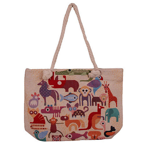 Grote tas Gekleurde Wilde Dieren/Vogels/Vissen in Grafische Vormgeving - 46x33cm