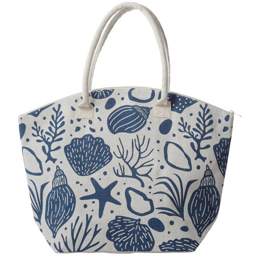 Strandtas/Boodschappentas Jute - Schelpen/Zeesterren/Koraal - Blauw/Wit - Duurzaam Herbruikbaar - 41<62cm+Handvat>x54x16cm