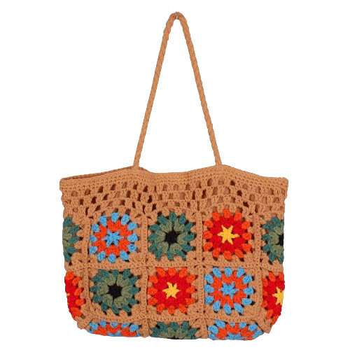 Handtas Beige - Granny Squares Groen/Rood/Oranje/Blauw - Handgemaakt & Magneetsluiting - B-35cm x H-25(48)cm