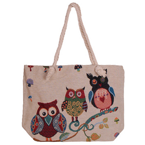 Grote Schoudertas - Uilen op Tak - Multicolor Paddestoelen - Ecru/Beige - Geborduurd - 45x33cm