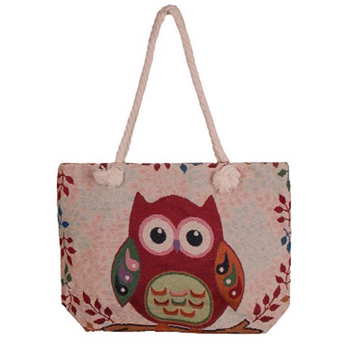 Grote Schoudertas - Uil met Bladeren - Ecru/Beige - Geborduurd - 45x33cm