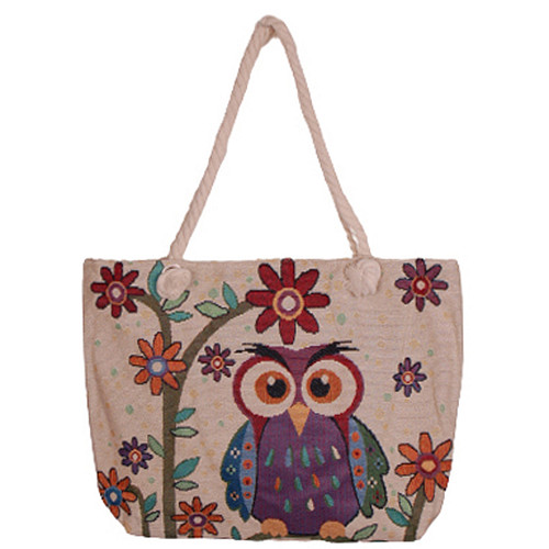 Grote Schoudertas - Uil met Bloem - Ecru/Beige - Geborduurd - 45x33cm