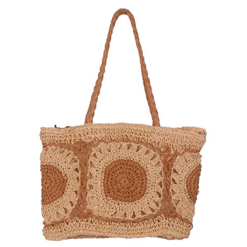 Schoudertas Beige/Zandkleur - Grote Granny Squares - Handgemaakt - Rits en Voering - B-35cm x D-10cm x H-25(48/88)cm