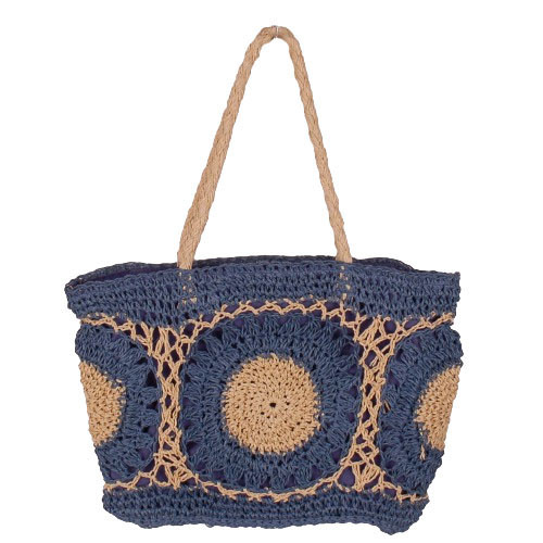 Schoudertas Blauw/Zandkleur - Grote Granny Squares - Handgemaakt - Rits en Voering - B-35cm x D-10cm x H-25(48/88)cm