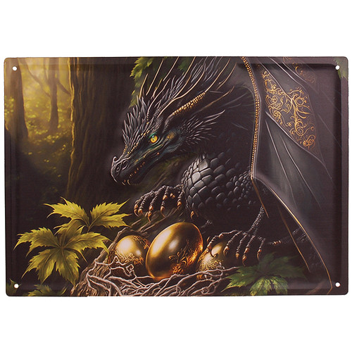 Metalen Bord reliëf - Fantasy Draak Zwart/Goud in Bos met Gouden Eieren - 40,5x28cm
