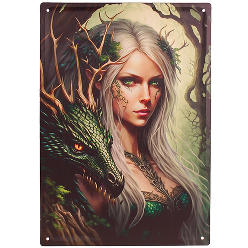 Metalen Bord reliëf - Fantasy Boself met Groene Bosdraak - 40,5x28cm