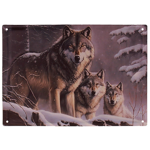 Metalen Wandbord 3D Relief - Wolven in Besneeuwd Bos - Homedeco - 40,5x28cm