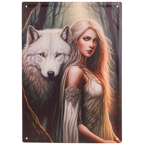 Metalen Bord reliëf - Fantasy Elf in Wit Gewaad en Witte Wolf - 40,5x28cm