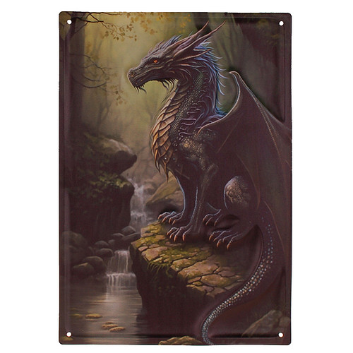 Metalen Plaat - Draak op Rots & Waterval - Reliëf - 40,5x28cm