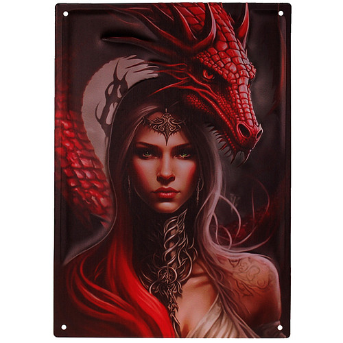 Metalen Wandbord 3D Relief - Mystic Elf/Fee met Rode Draak Fantasy - Homedeco - 28x40,5cm