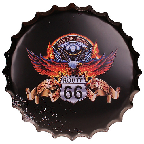 Bierdop/Kroonkurk - Route 66 - Live the Legend - Adelaar - Metalen Wanddecoratie - 40cm