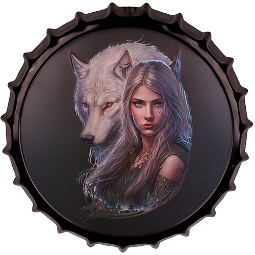 Wandbord Metaal Bierdop - Fantasy Boself/Fee & Witte Wolf - Zwart - 3D Relief Homedeco - 42cm