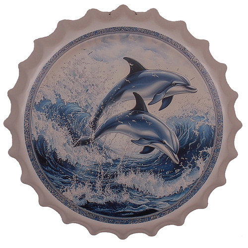 Bierdop/Kroonkurk Metaal - Dolfijnen & Golven - Blauw/Wit - 40cm