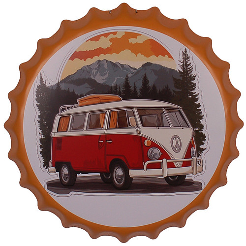 Bierdop/Kroonkurk Metaal - Oldtimer Busje Camper Roadtrip Bergen - Oranjegeel - 40cm