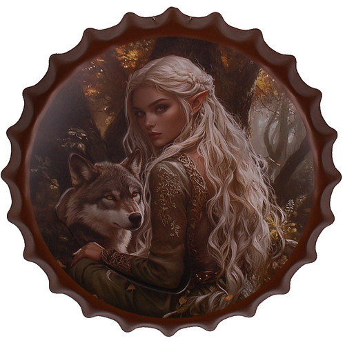 Bierdop/Kroonkurk Metaal - Boself Blond Gewaad Groen met Goud & Wolf - 40cm