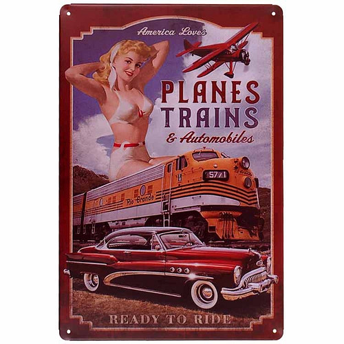 Metalen plaatje - Plaines, Trains and Automobiles