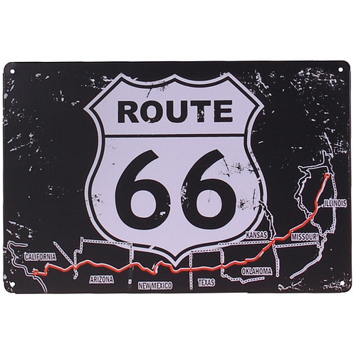 Metalen plaatje - Route 66 zwart/wit