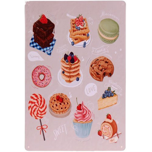 Metalen plaatje diverse soorten gebakjes - Sweet - 21x33 cm 