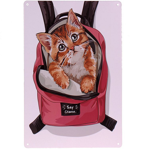 Metalen plaatje Poes in rugzak - say cheese - 21x33 cm 