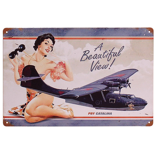 Metalen Plaatje - PBY CATALINA met Pin-Up Girl - 20x30cm