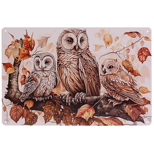 Metalen Plaatje - 3 Uilen op Boomtak - 20x30cm