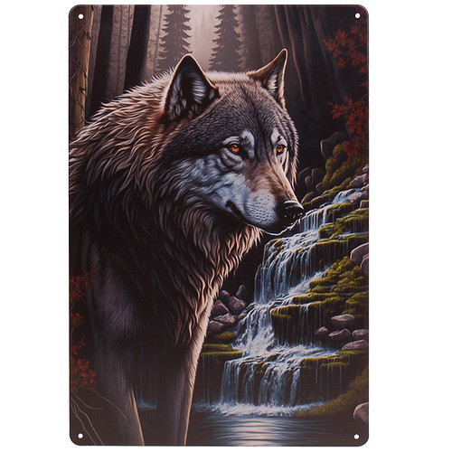 Metalen Plaatje - Wolf met Waterval - 20x30cm,