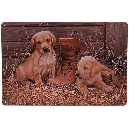 Metalen Plaatje - Labrador Puppys met Oude Schoen - 20x30cm