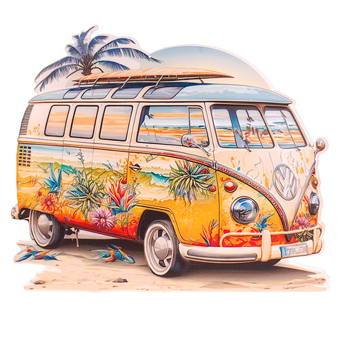 Metalen bord reliëf - Oldtimer Campervan - Flower Surf - Busje Retro - 45x37,5cm