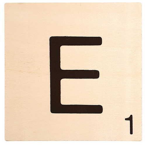 Houten Bordje 10x10x0.5cm - E - Zwarte Letter/Woordwaarde - Onbehandeld - Onderzetter/Homedeco