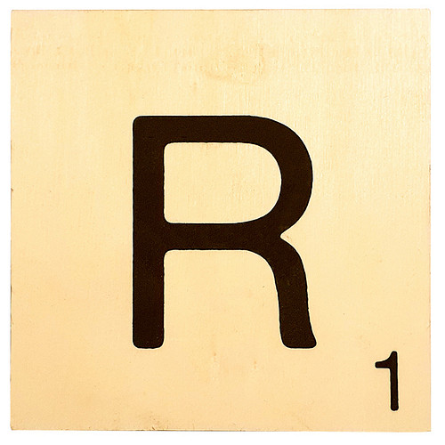 Houten Bordje 10x10x0.5cm - R - Zwarte Letter/Woordwaarde - Onbehandeld - Onderzetter/Homedeco