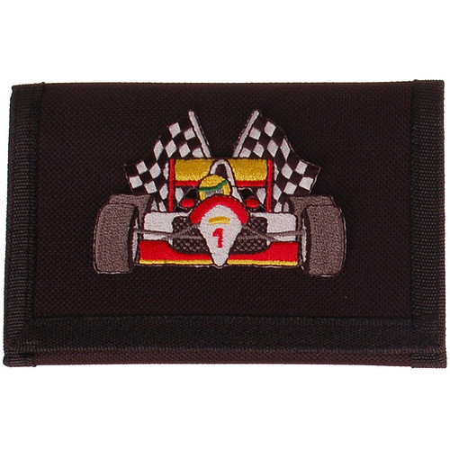 Zwarte klittenbandportemonnee 12x9cm - Applicatie Rode Raceauto met vlaggen 7,5x5,5cm