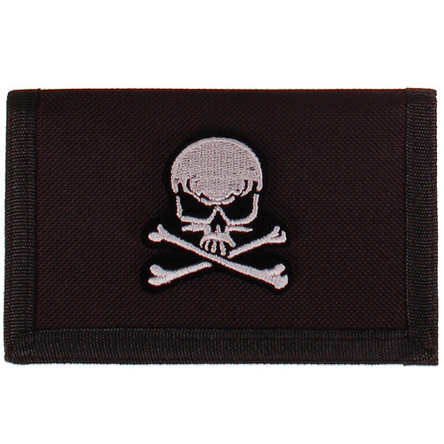 Zwarte klittenbandportemonnee 12x9cm - Applicatie Schedel zwart/wit 5,5x5cm