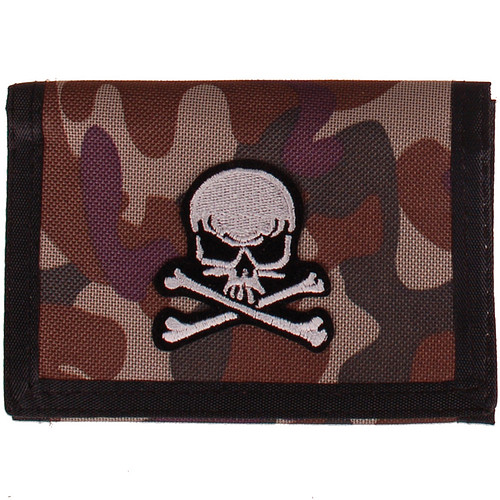 Camouflage klittenbandportemonnee 12x9cm - Applicatie Schedel zwart/wit 5,5x5cm