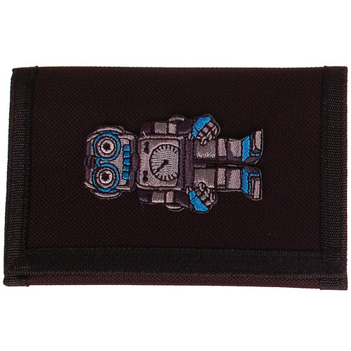 Zwarte klittenbandportemonnee 12x9cm - Applicatie Robot grijs-blauw 7x3,5cm