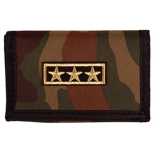 Portemonnee Groen/Bruin/Zwart Camouflage Stof Vouwbaar - Goudkleurige Sterren Militair - 14x10cm