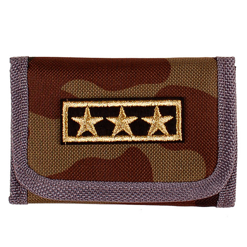 Portemonnee Groen/Bruin Camouflage Stof Vouwbaar - Goudkleurige Sterren Militair - 11x7cm