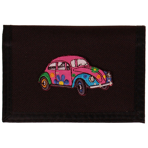 Portemonnee zwart 14x10cm - Kever Auto Flowerpower Roze&Blauw - 7x4cm 