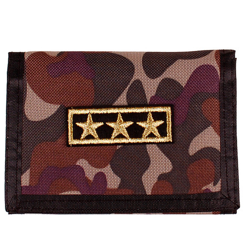 Portemonnee Groen/Bruin/Grijs Camouflage Stof Vouwbaar - Goudkleurige Sterren Militair - 14x10cm