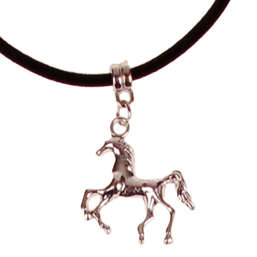 Veterketting Zwart Fluweel - Zilverkleurige Sluiting - 45cm - Hangertje Paardje Zilverkleurig 2,5cm