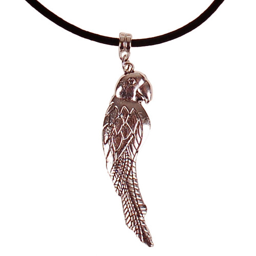 Veterketting Zwart Fluweel - Zilverkleurige Sluiting - 45cm - Hangertje Papegaai Zilverkleurig 5,5cm 