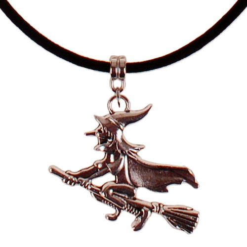 Veterketting Zwart Fluweel - Zilverkleurige Sluiting - 45cm - Hangertje Heks op Bezem Zilverkleurig 3x3,5cm 