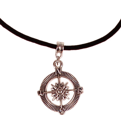 Veterketting Zwart Fluweel - Zilverkleurige Sluiting - 45cm - Hangertje Windroos/Kompas Zilverkleurig 2,5cm